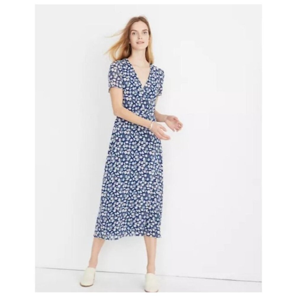 Madewell Blue French Floral Faux Wrap Midi Dress Short Sleeve Size 10